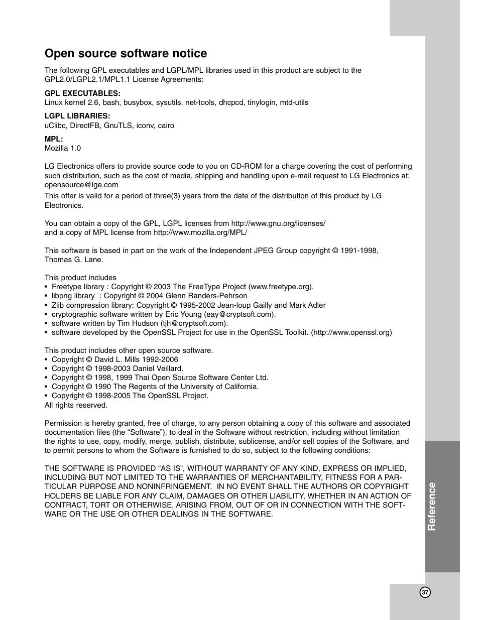 Open source software notice, Reference | LG BH200 User Manual | Page 37 / 41