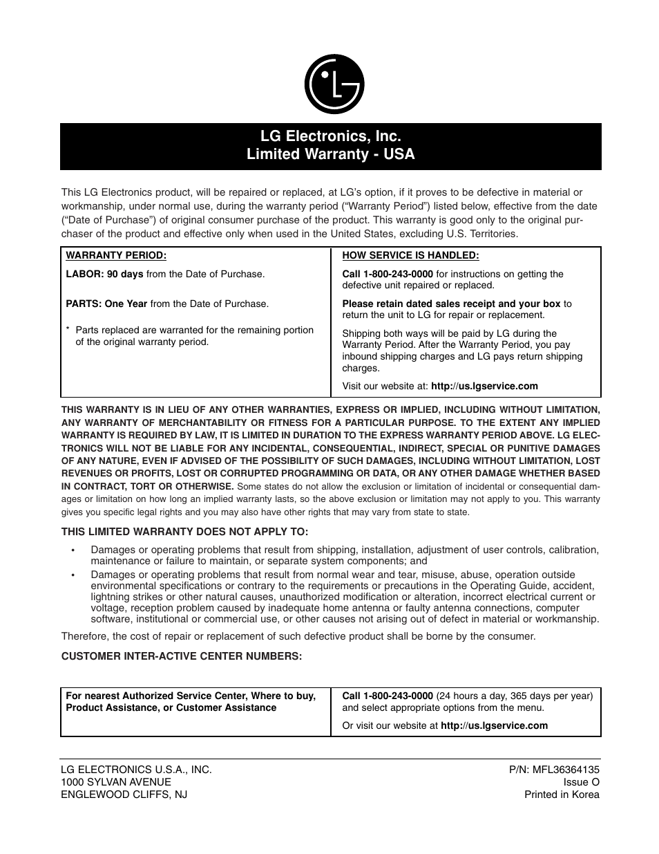 Warranty, Lg electronics, inc. limited warranty - usa | LG BH200 User Manual | Page 38 / 41