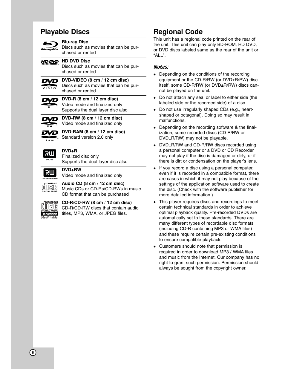 Compatibility, Disc compatibility, Playable discs | Regional code | LG BH200 User Manual | Page 6 / 41