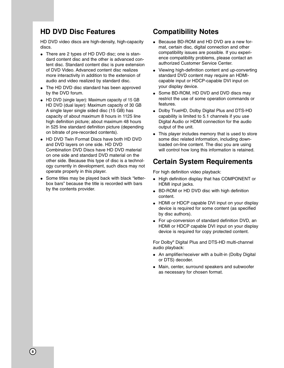 Notes, Hd dvd disc features, Certain system requirements | LG BH200 User Manual | Page 8 / 41