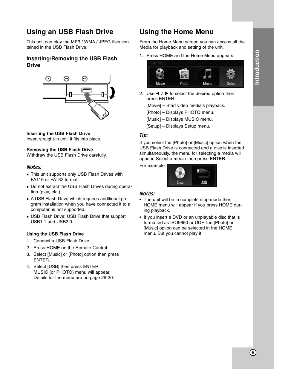 Usb compatibility, Using an usb flash drive, Using the home menu | Introduction | LG BH200 User Manual | Page 9 / 41