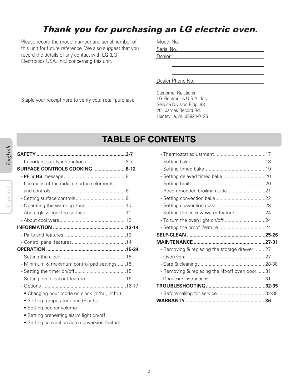 LG LRE30453SB User Manual | Page 2 / 36