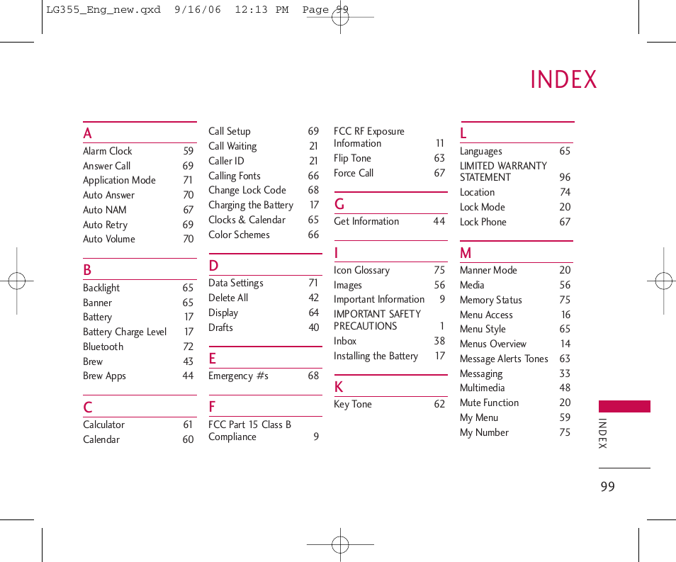 Index | LG 355 User Manual | Page 101 / 102