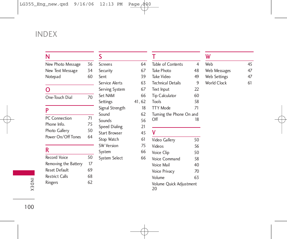 Index | LG 355 User Manual | Page 102 / 102