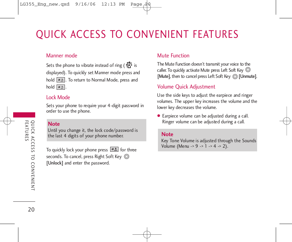 Quick access to convenient features | LG 355 User Manual | Page 22 / 102