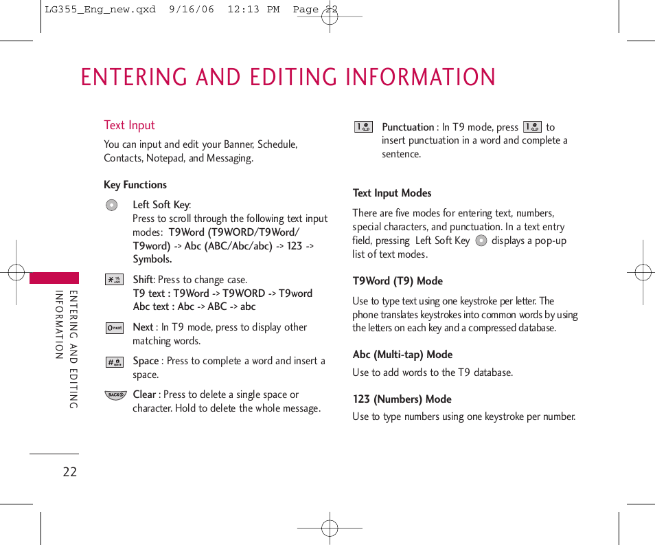 Entering and editing information | LG 355 User Manual | Page 24 / 102