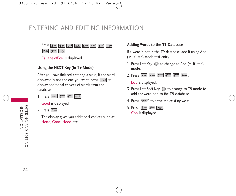Entering and editing information | LG 355 User Manual | Page 26 / 102