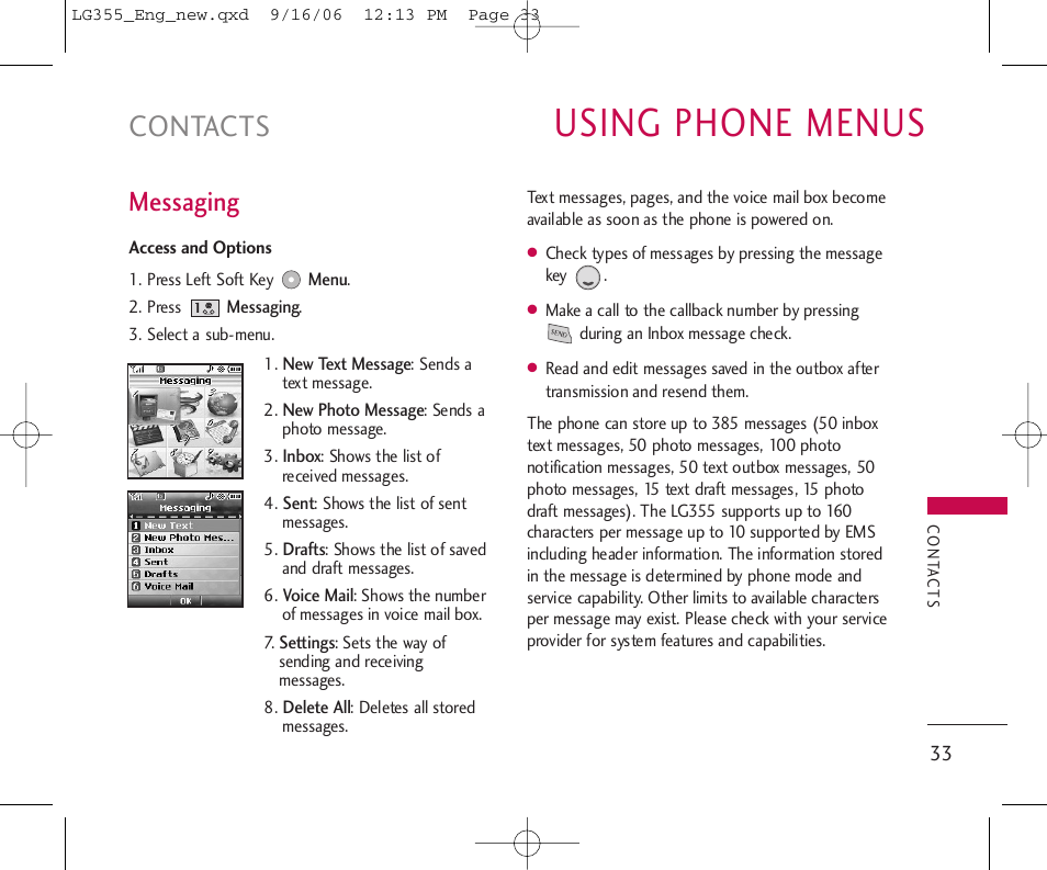 Using phone menus, Contacts, Messaging | LG 355 User Manual | Page 35 / 102