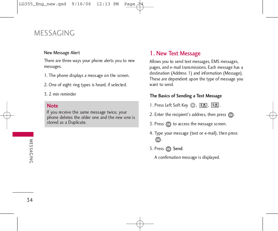 Messaging, New text message | LG 355 User Manual | Page 36 / 102