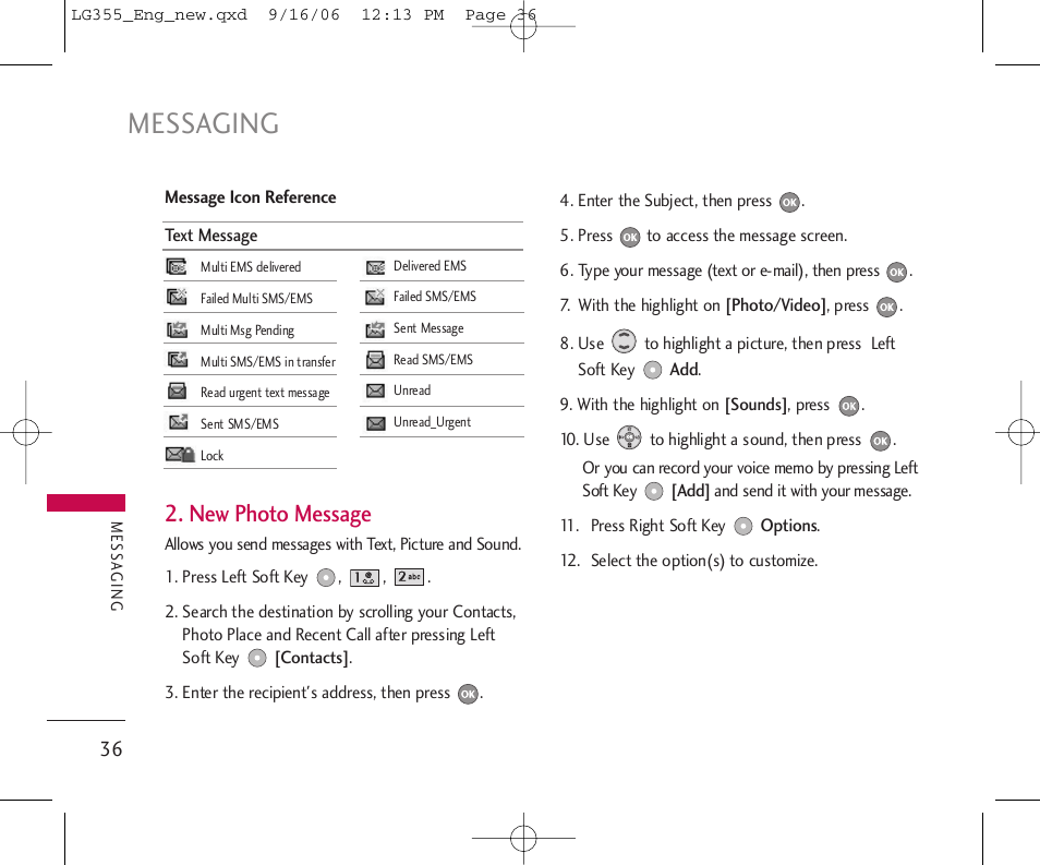 Messaging, New photo message | LG 355 User Manual | Page 38 / 102