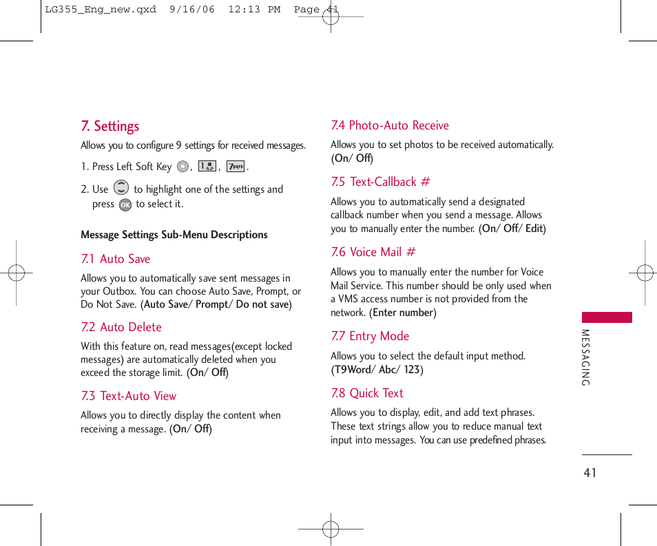 Settings | LG 355 User Manual | Page 43 / 102