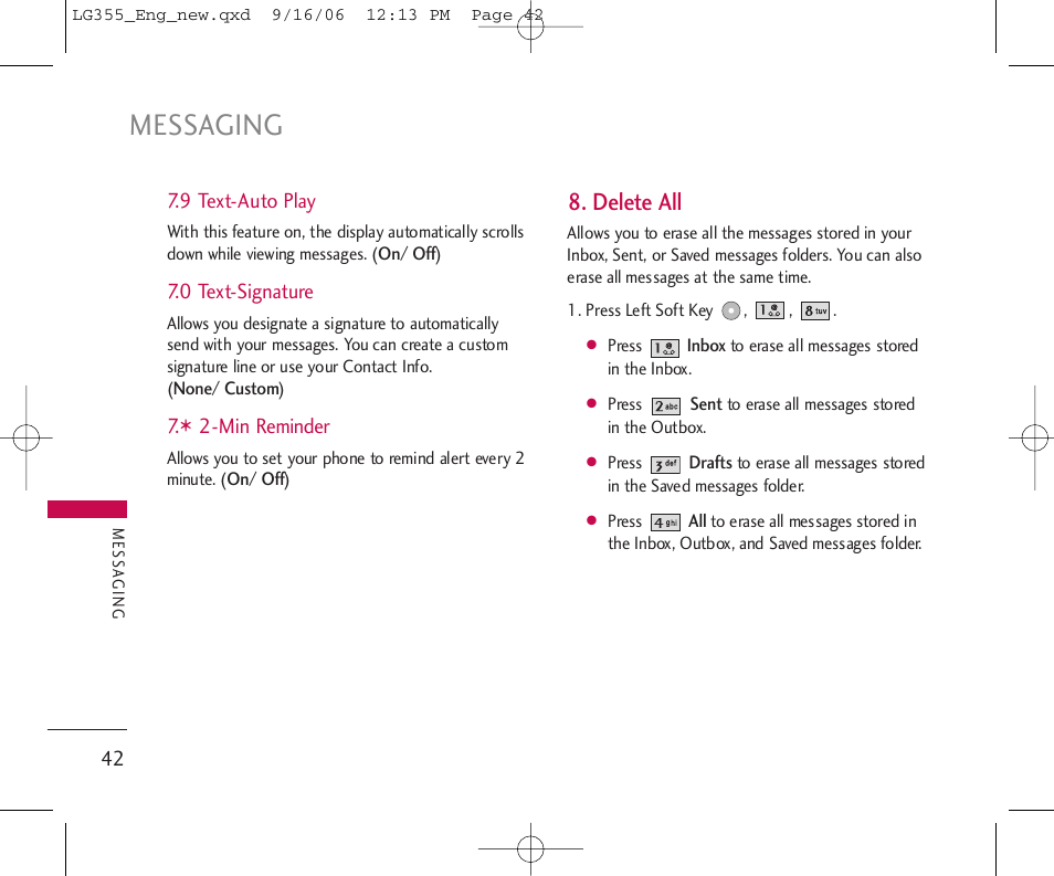 Messaging, Delete all | LG 355 User Manual | Page 44 / 102