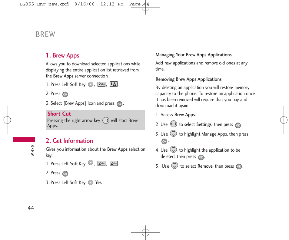 Brew, Brew apps, Get information | LG 355 User Manual | Page 46 / 102