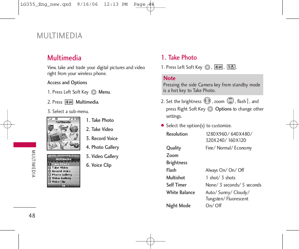 Multimedia, Take photo | LG 355 User Manual | Page 50 / 102
