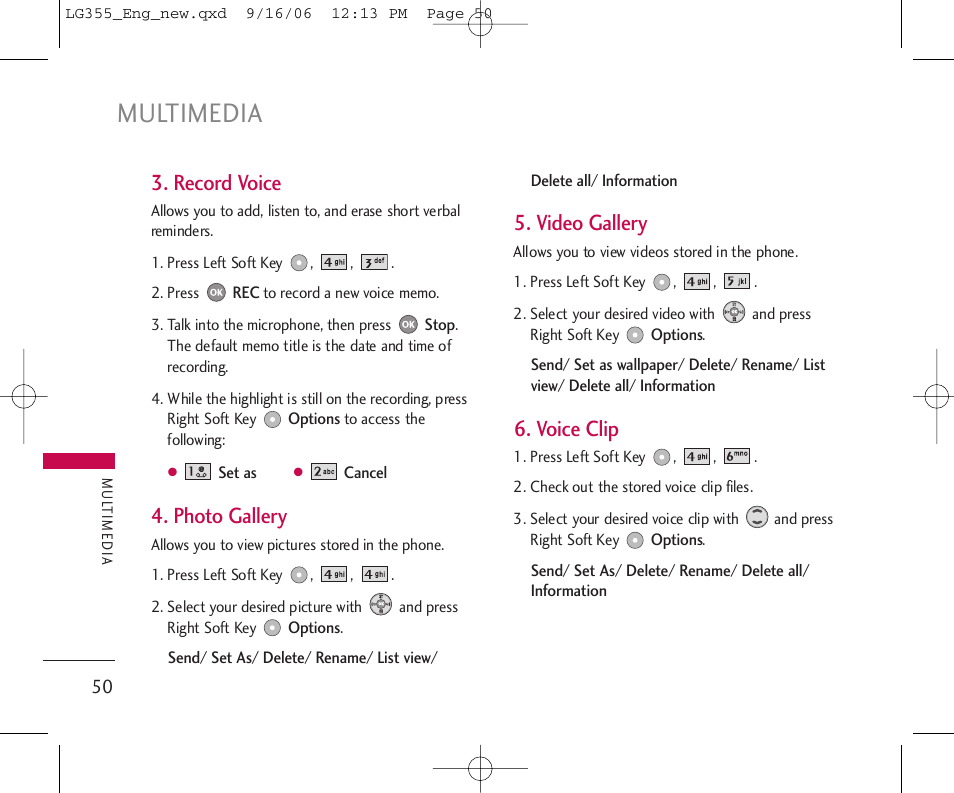 Multimedia, Record voice, Photo gallery | Video gallery, Voice clip | LG 355 User Manual | Page 52 / 102