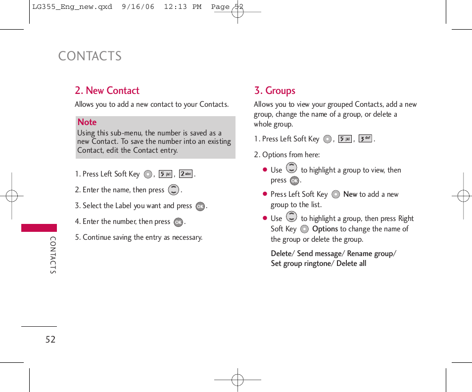 Contacts, New contact, Groups | LG 355 User Manual | Page 54 / 102