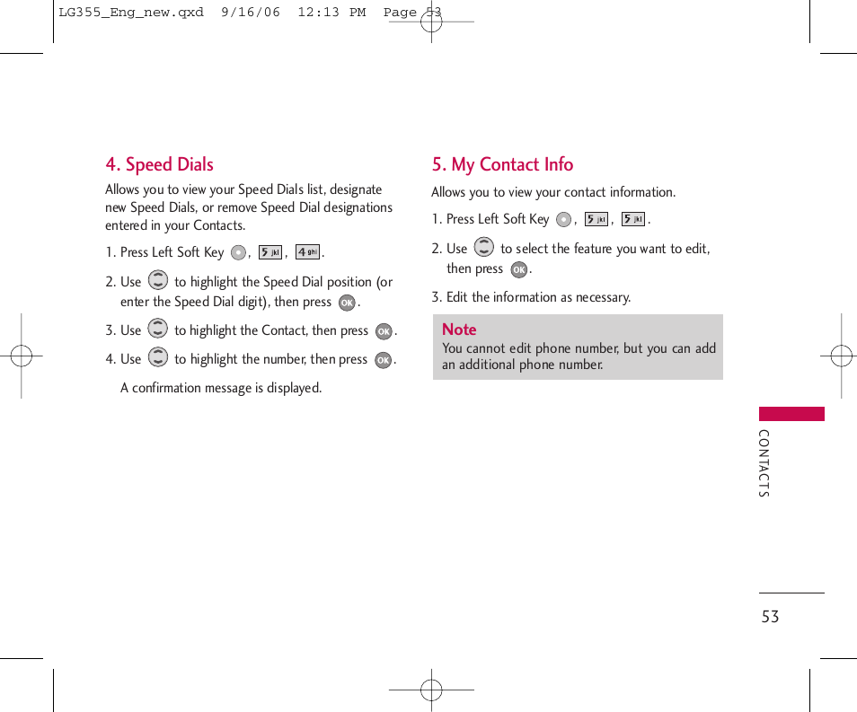 Speed dials, My contact info | LG 355 User Manual | Page 55 / 102