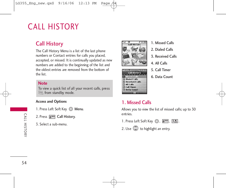 Call history, Missed calls | LG 355 User Manual | Page 56 / 102