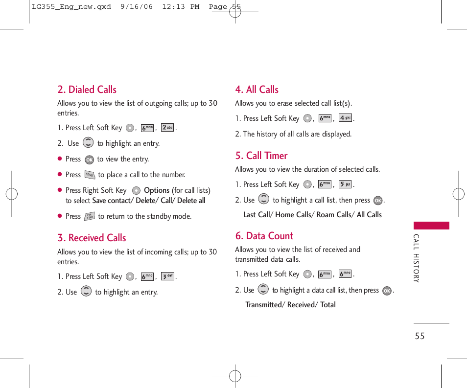Dialed calls, Received calls, All calls | Call timer, Data count | LG 355 User Manual | Page 57 / 102