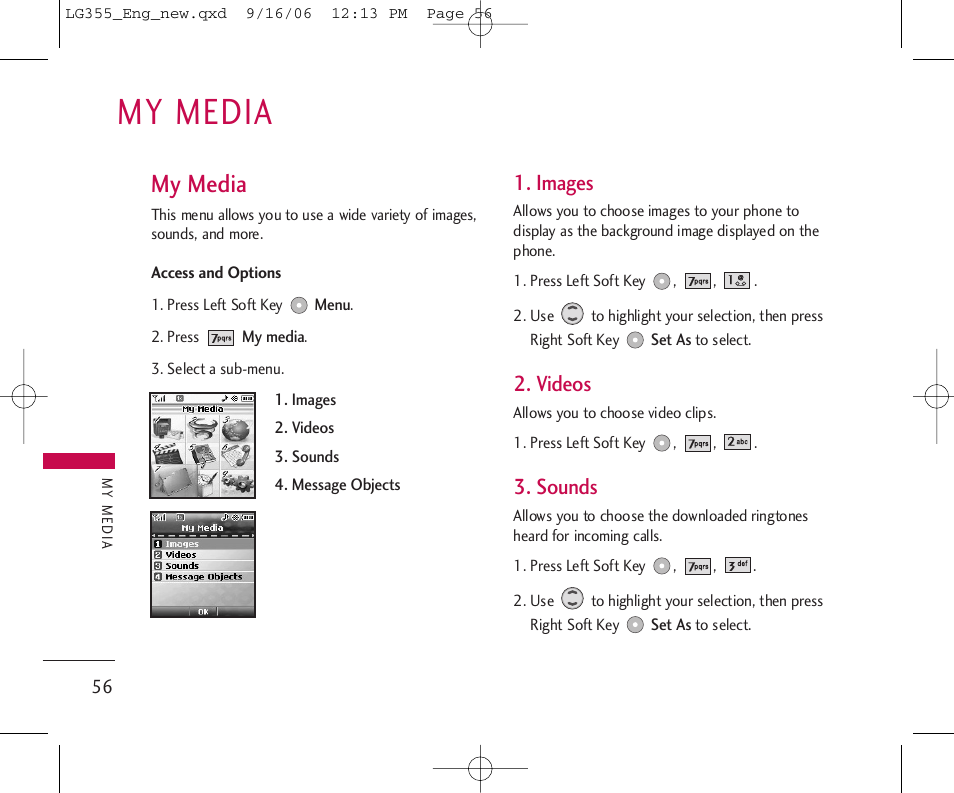 My media, Images, Videos | Sounds | LG 355 User Manual | Page 58 / 102