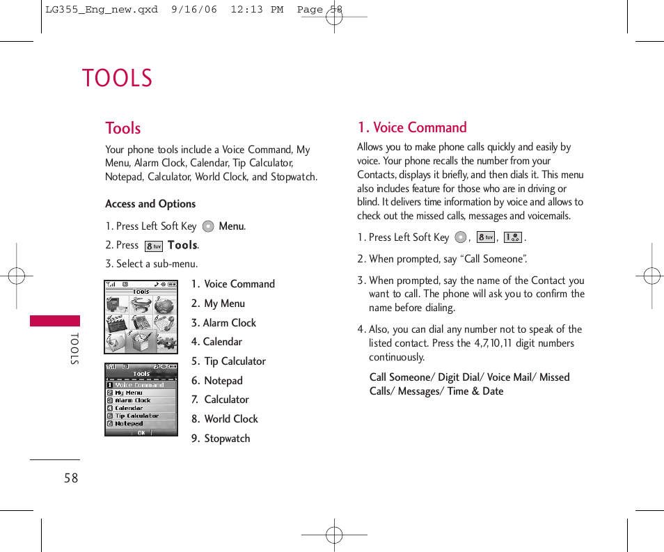 Tools, Voice command | LG 355 User Manual | Page 60 / 102