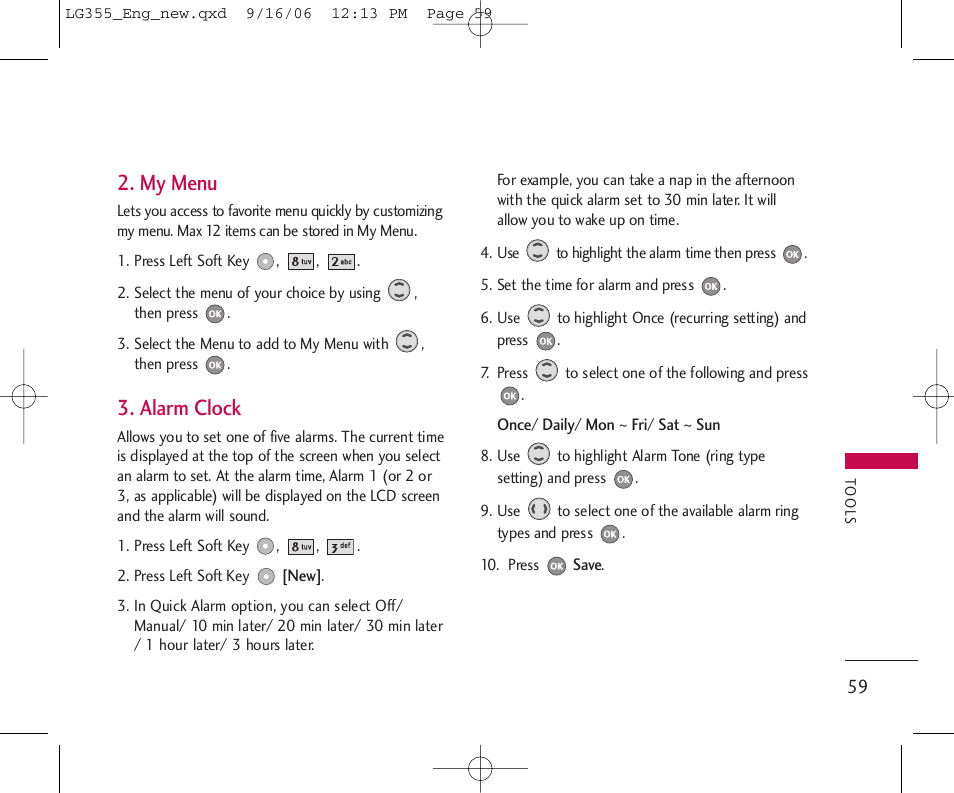 My menu, Alarm clock | LG 355 User Manual | Page 61 / 102