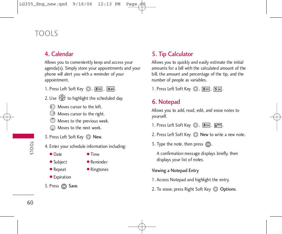 Tools, Calendar, Tip calculator | LG 355 User Manual | Page 62 / 102