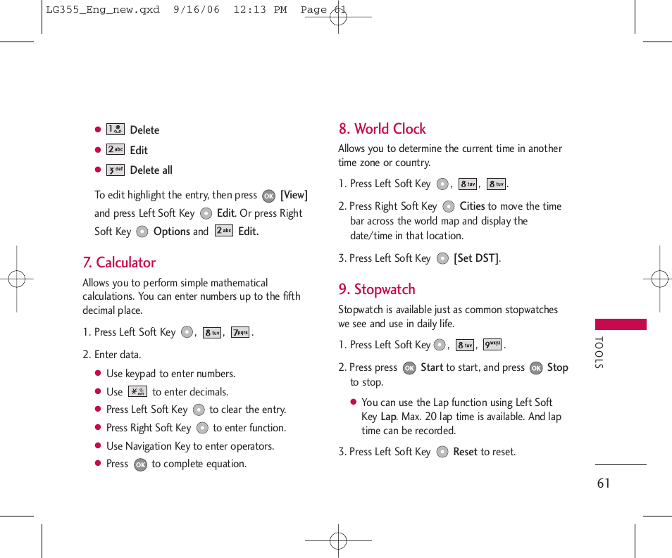 Calculator, World clock, Stopwatch | LG 355 User Manual | Page 63 / 102