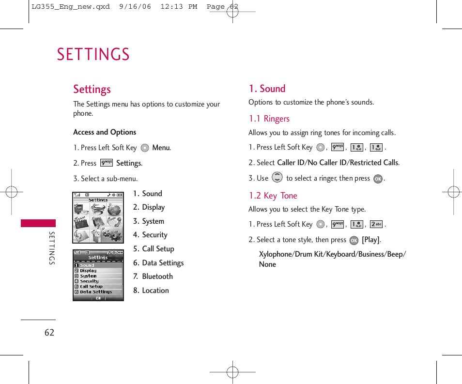 Settings, Sound | LG 355 User Manual | Page 64 / 102