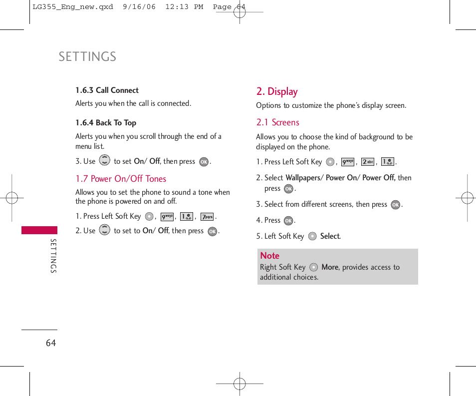 Settings, Display | LG 355 User Manual | Page 66 / 102