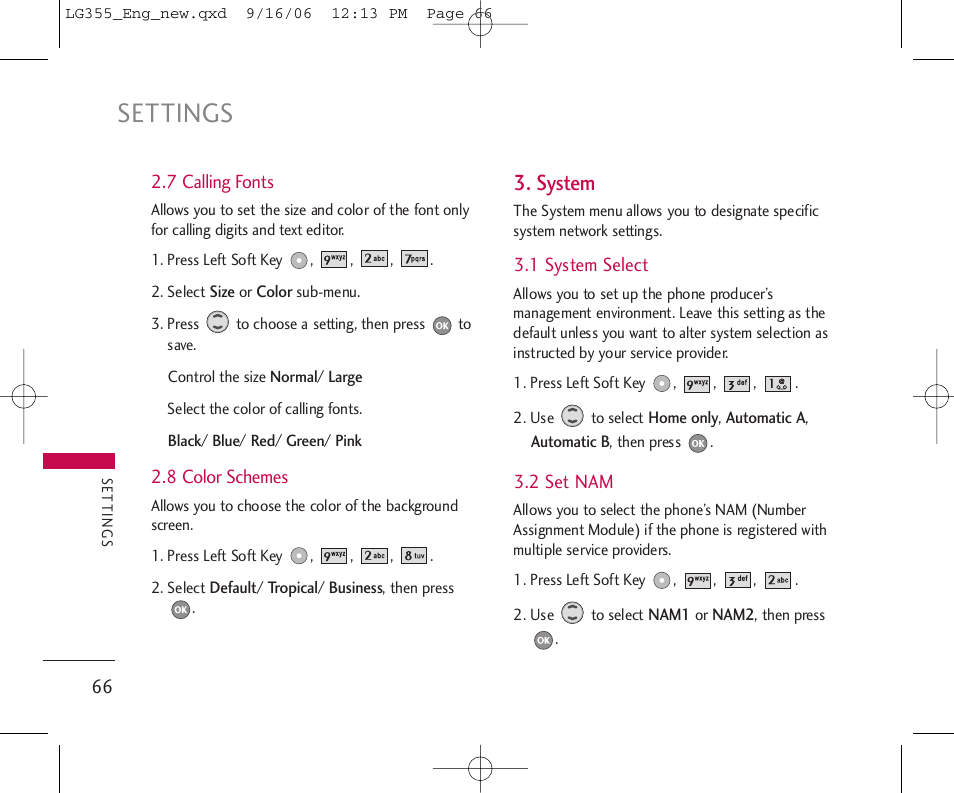 Settings, System | LG 355 User Manual | Page 68 / 102