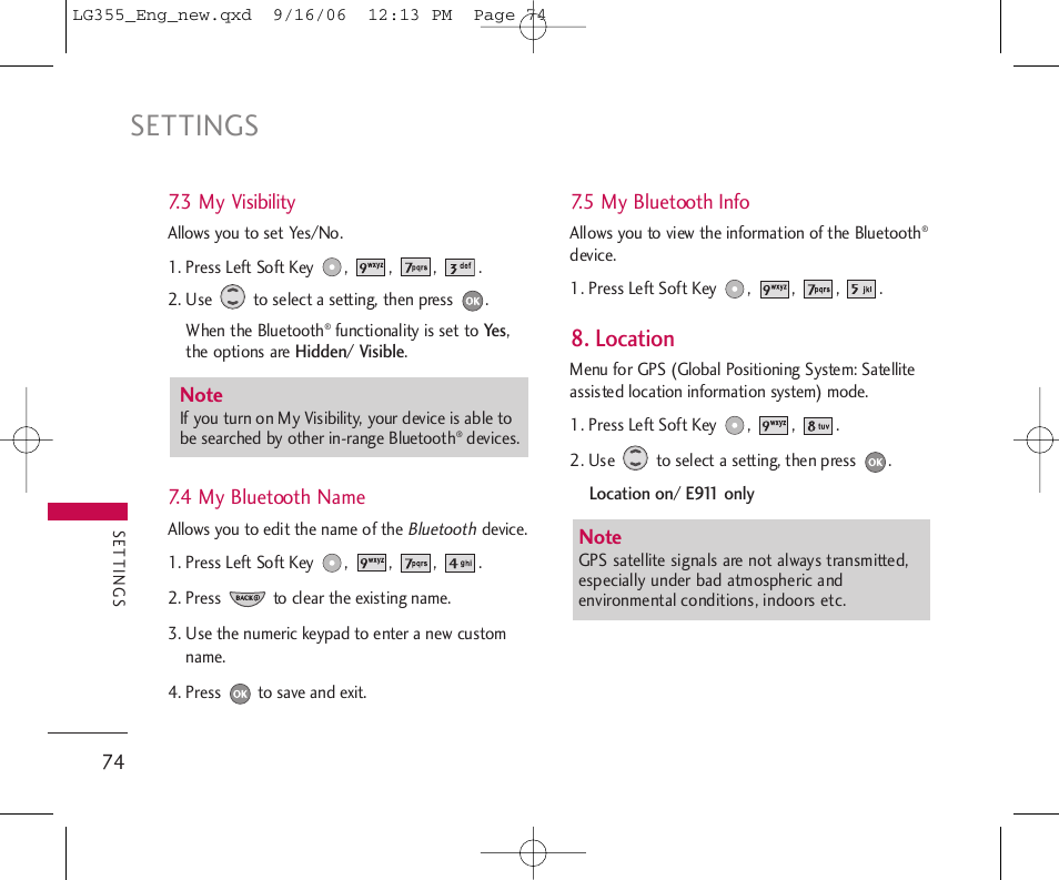 Settings, Location | LG 355 User Manual | Page 76 / 102