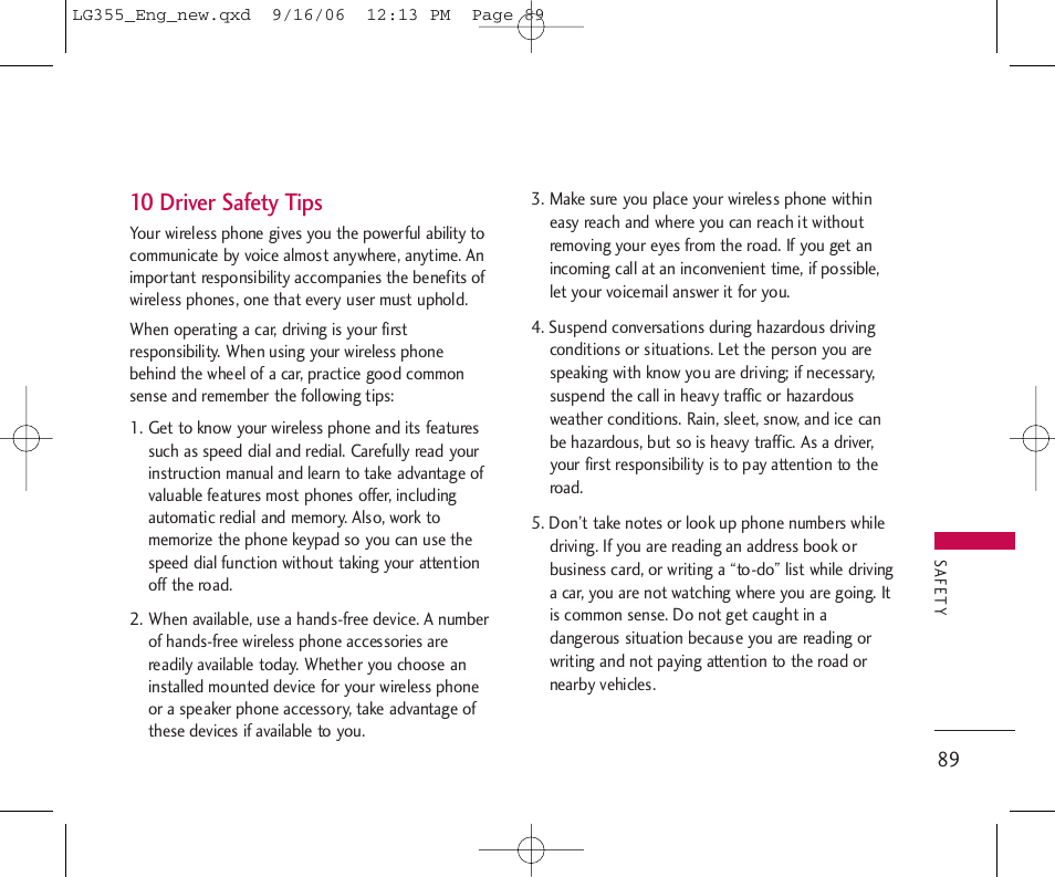 10 driver safety tips | LG 355 User Manual | Page 91 / 102