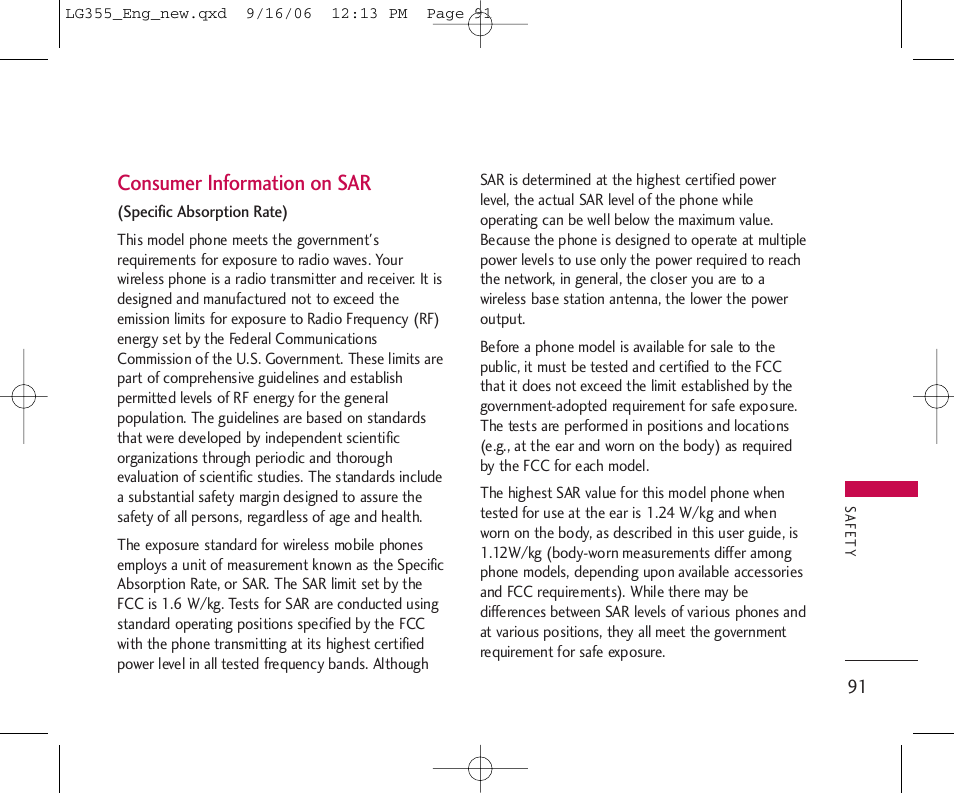 Consumer information on sar | LG 355 User Manual | Page 93 / 102