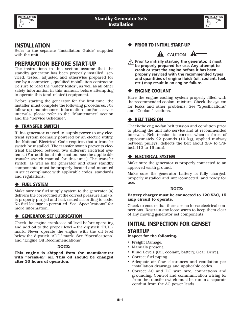 Installation, Preparation before start-up, Initial inspection for genset startup | LG 30kW User Manual | Page 13 / 60