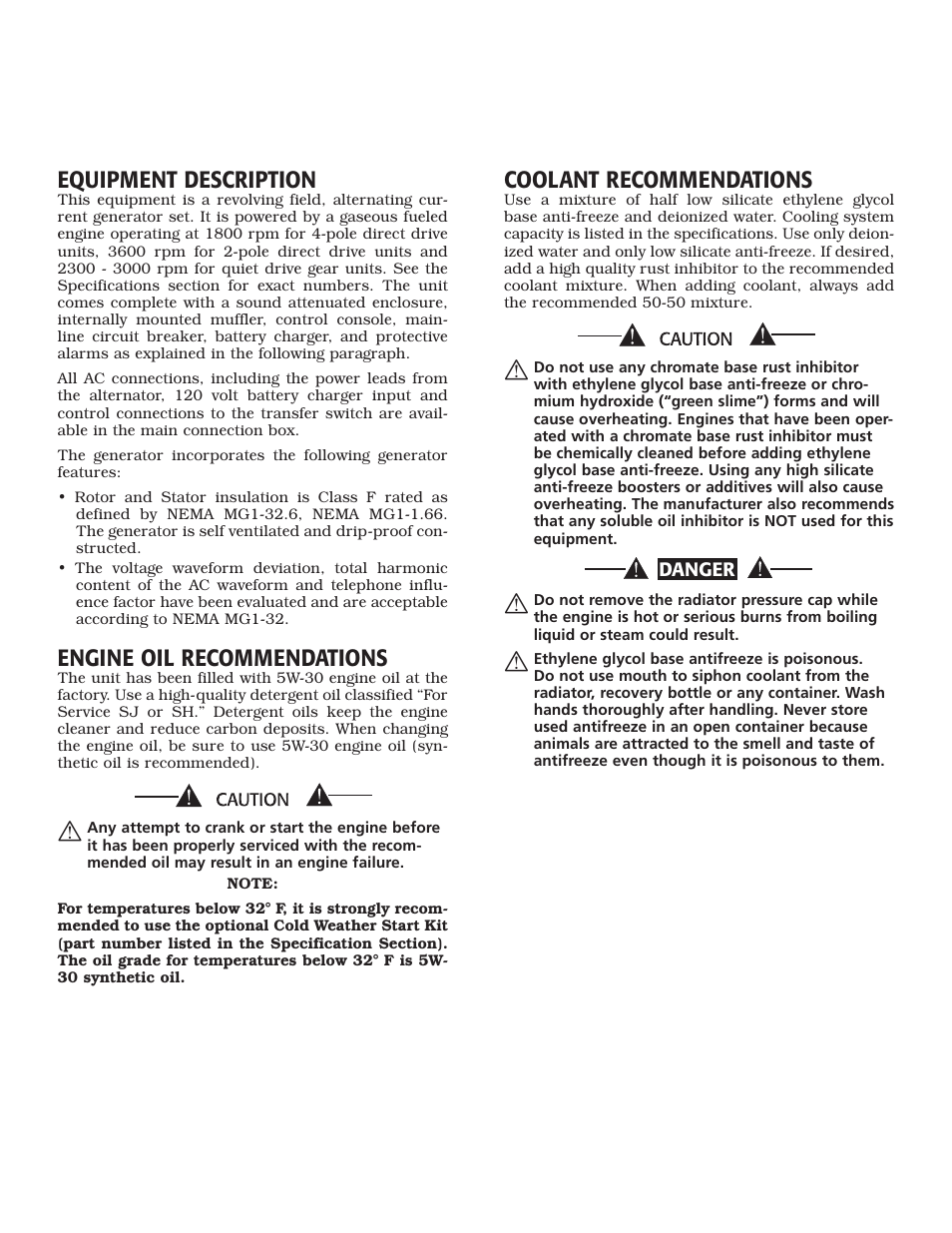 Equipment description, Engine oil recommendations, Coolant recommendations | LG 30kW User Manual | Page 7 / 60