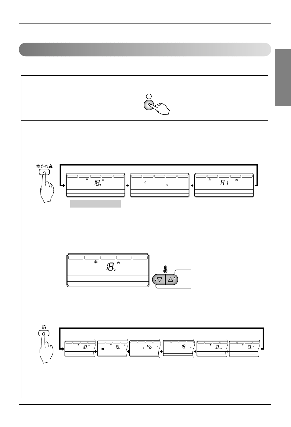 Cooling operation mode, English, Owner's manual 15 | Operating instructions, Operation display, Cooling operation soft dry operation, Auto operation, Press the on/off button, Set the fan speed | LG 3828A22005P User Manual | Page 15 / 27