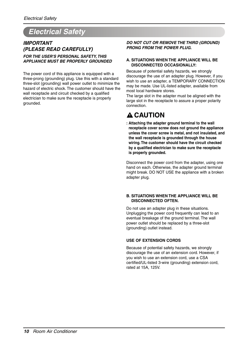 Electrical safety | LG Air Conditioner LW701 HR User Manual | Page 10 / 44