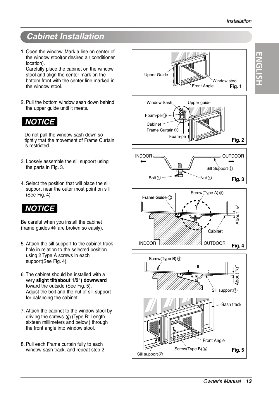 English, Cabinet installation, Notice | LG Air Conditioner LW701 HR User Manual | Page 13 / 44