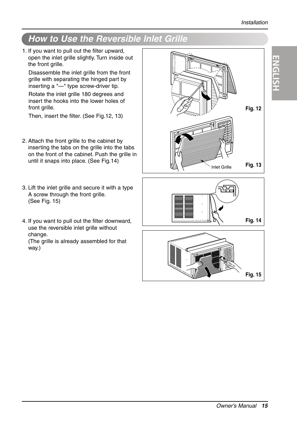 English, How to use the reversible inlet grille | LG Air Conditioner LW701 HR User Manual | Page 15 / 44