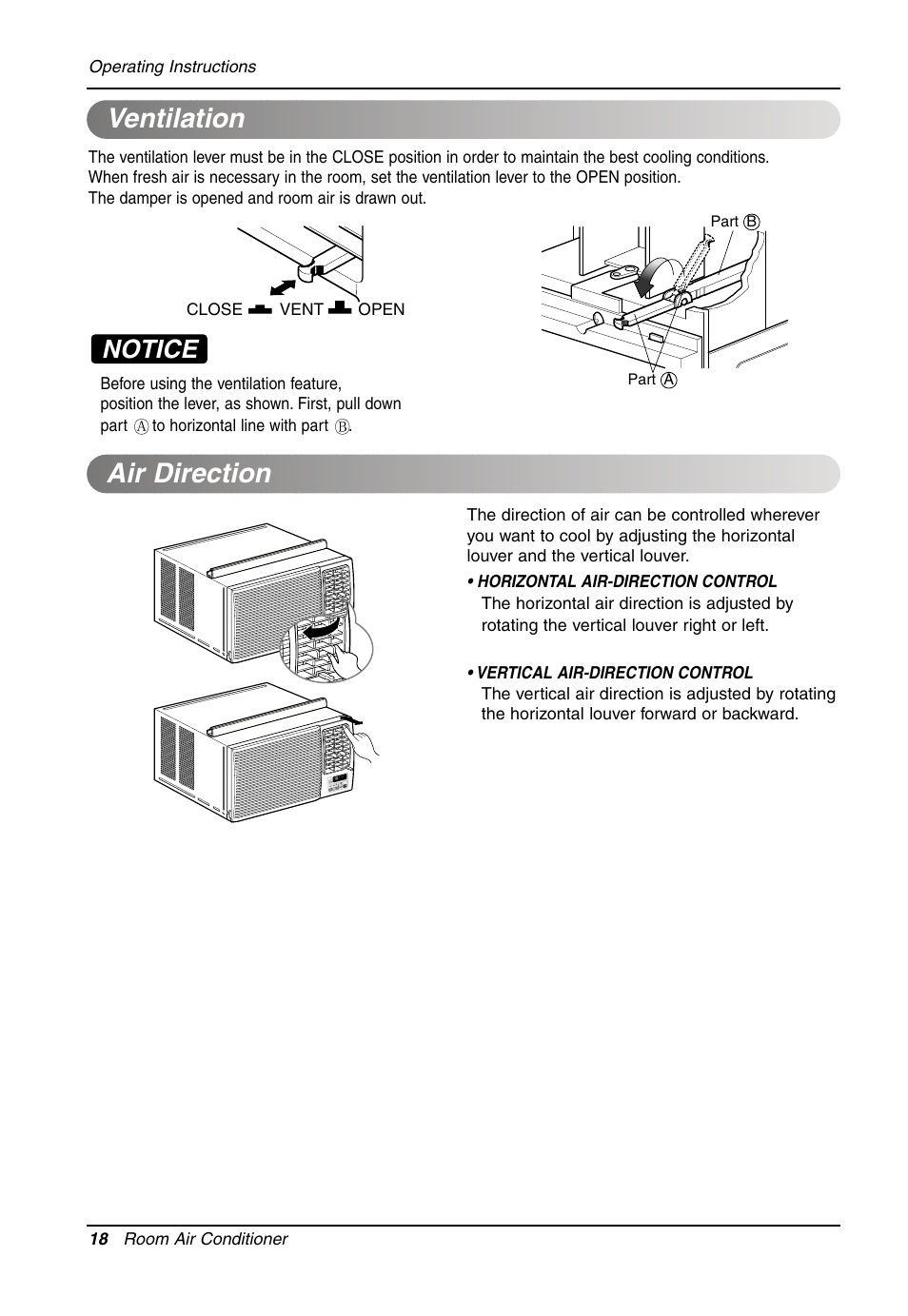 Ventilation, Air direction, Notice | LG Air Conditioner LW701 HR User Manual | Page 18 / 44