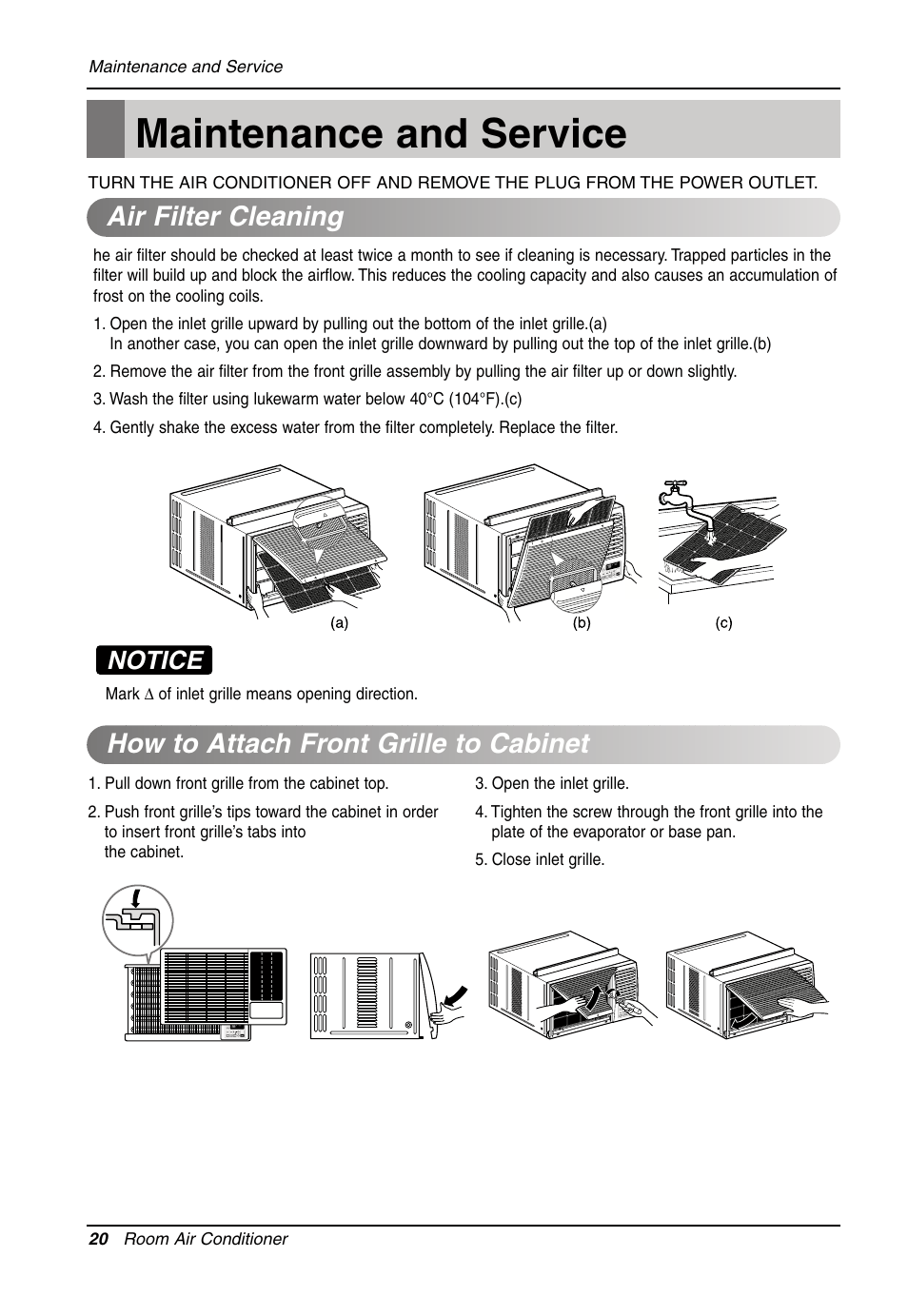 Maintenance and service, Notice | LG Air Conditioner LW701 HR User Manual | Page 20 / 44