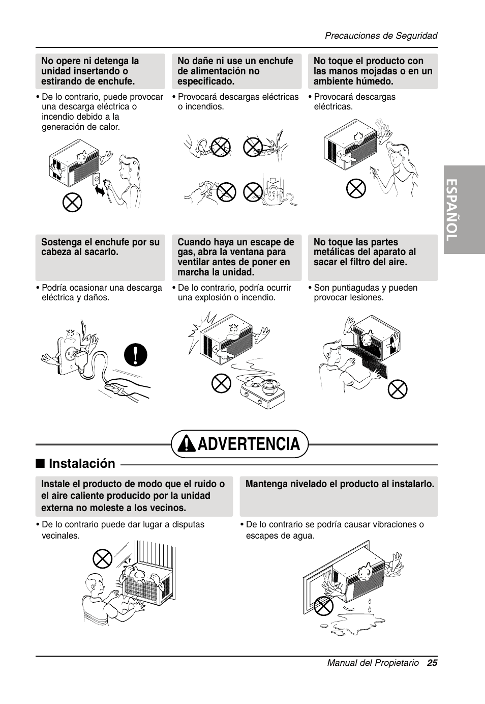 Advertencia, Esp añol, Instalación | LG Air Conditioner LW701 HR User Manual | Page 25 / 44