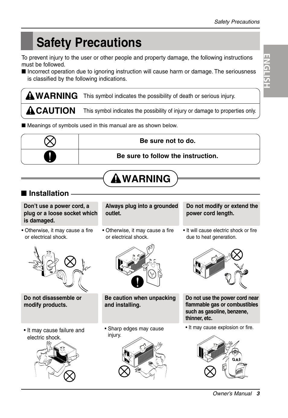 Safety precautions, Warning, English | Warning caution, Installation | LG Air Conditioner LW701 HR User Manual | Page 3 / 44