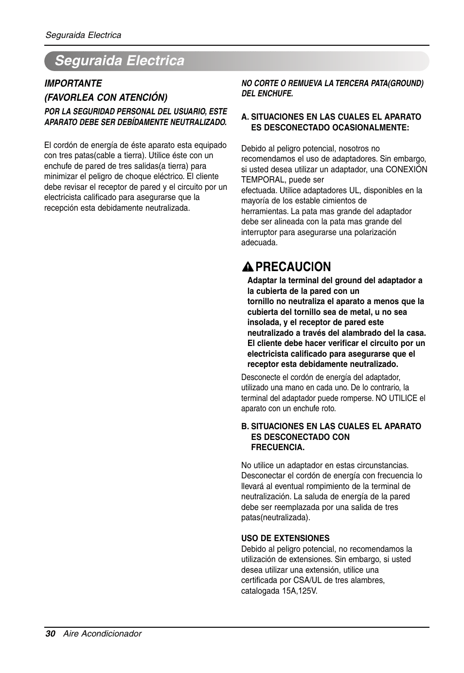 Seguraida electrica | LG Air Conditioner LW701 HR User Manual | Page 30 / 44