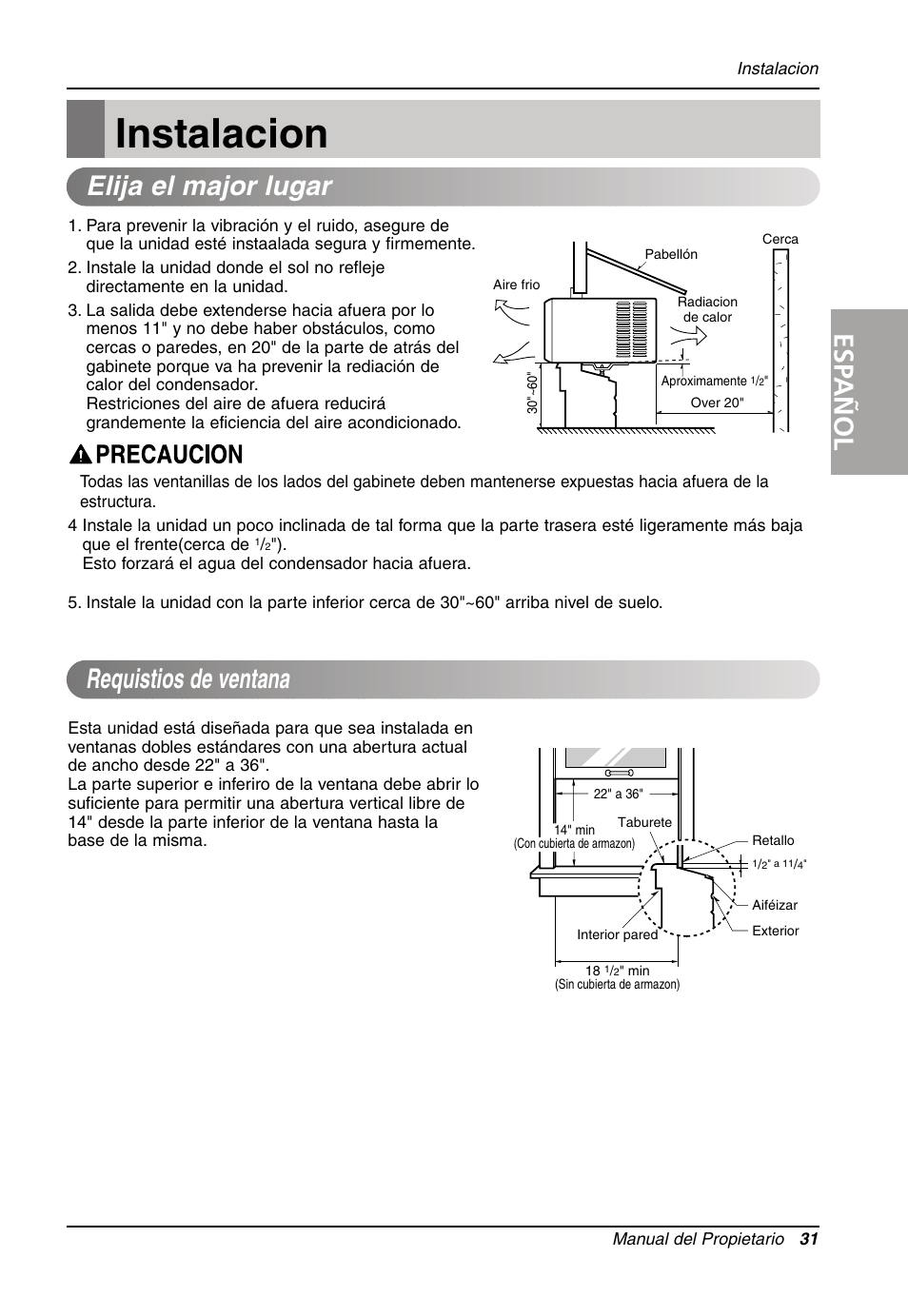 Instalacion, Esp añol, Elija el major lugar | Requistios de ventana | LG Air Conditioner LW701 HR User Manual | Page 31 / 44
