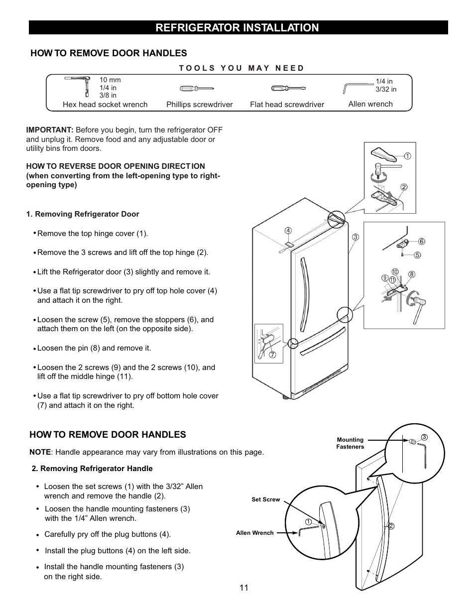 Refrigerator installation | LG LRBC2051 User Manual | Page 11 / 35