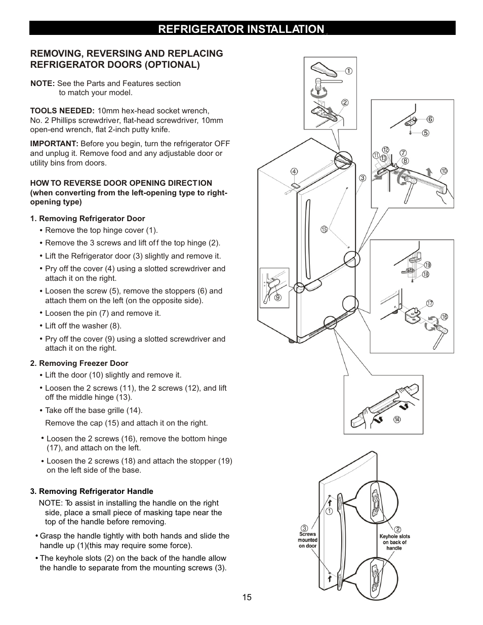 Refrigerator installation | LG LRBC2051 User Manual | Page 15 / 35