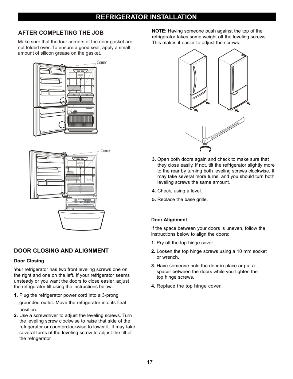 Refrigerator installation | LG LRBC2051 User Manual | Page 17 / 35