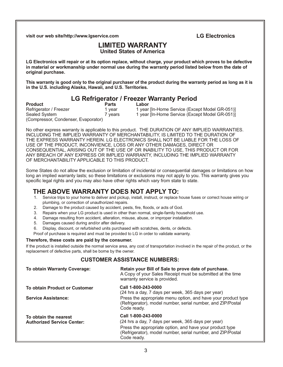 Limited warranty, Lg refrigerator / freezer warranty period, The above warranty does not apply to | LG LRBC2051 User Manual | Page 3 / 35